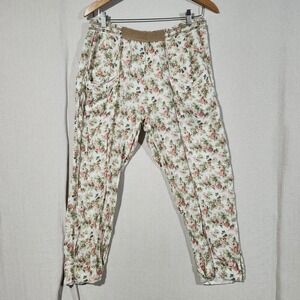 Yuvita 100%Linen Floral‎ Rose Print Relaxed Pants Cream Pink Green Women Size M